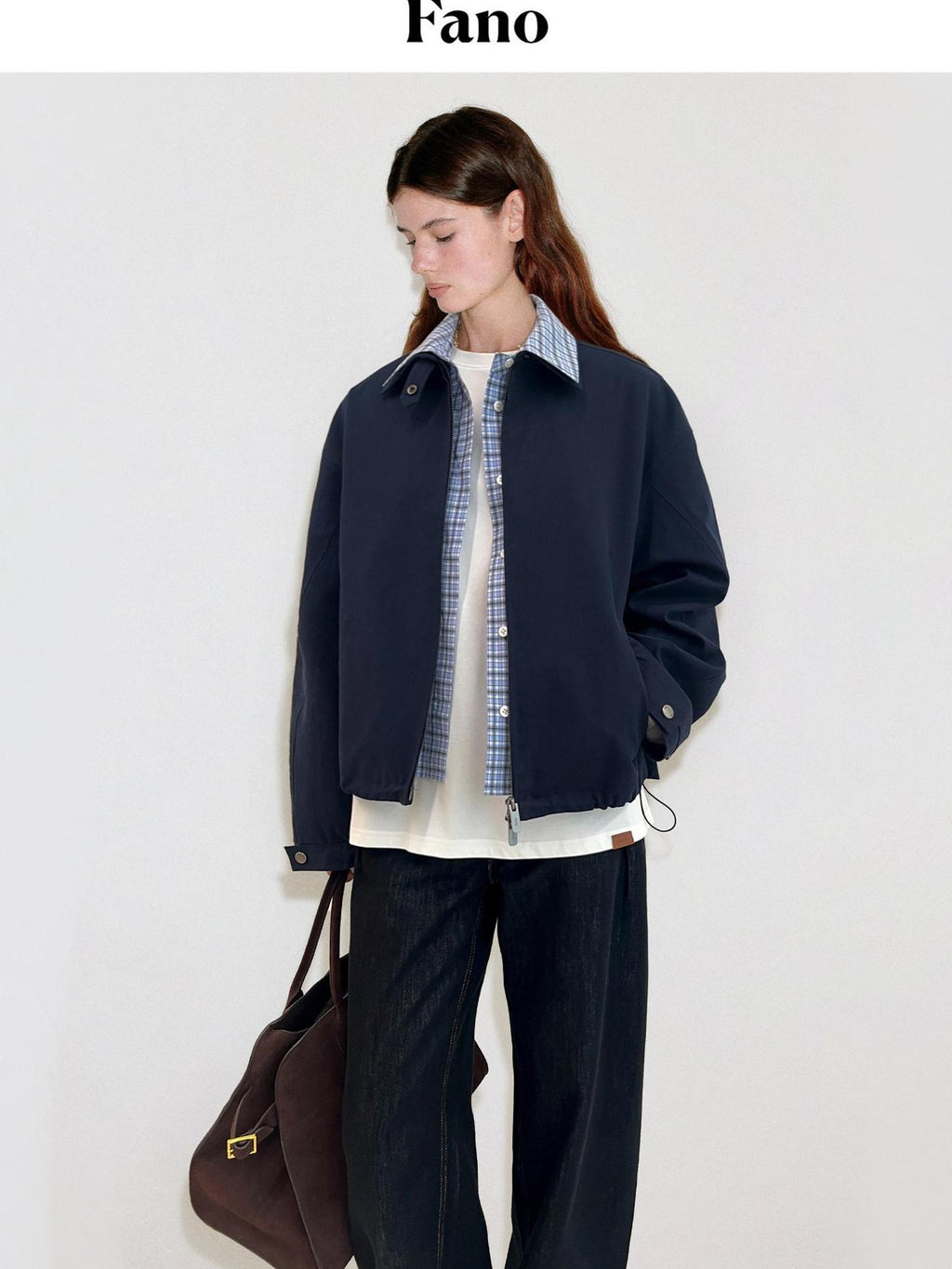 fano Warm Pure Cotton Relaxed Faux Two Layer Women Daily Navy Striped Cropped Jackets