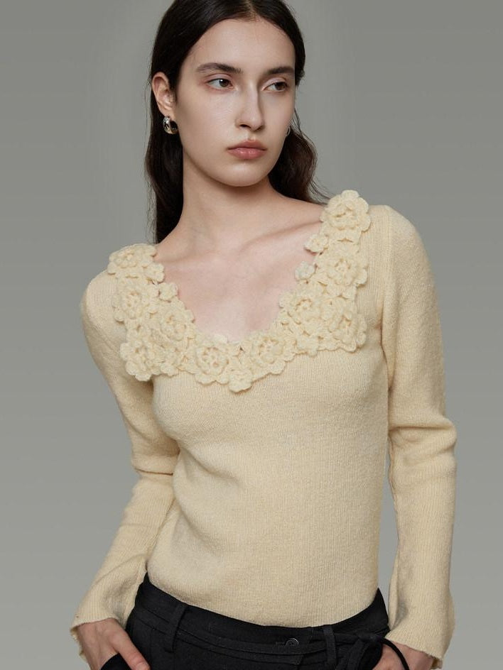 unspoken Soft Breathable V-neck Slim Fit Commuter Knitwear Bell Sleeves Women Sweaters