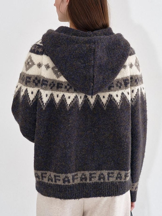 fano Cozy Hooded Jacquard Loose Fit Casual Long Sleeve Knit For Young Women Cardigans