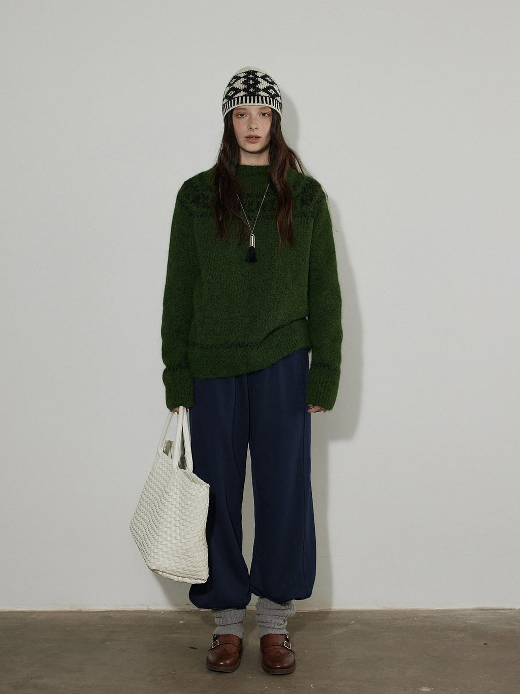 Lofi choose Thick Loose Fit Commuter Round Neck Pullover Women Knit Green Brown Sweaters