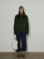 Lofi choose Thick Loose Fit Commuter Round Neck Pullover Women Knit Green Brown Sweaters