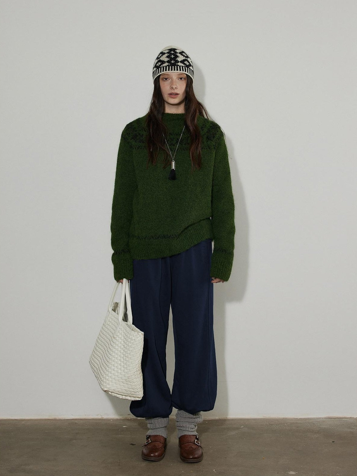 Lofi choose Thick Loose Fit Commuter Round Neck Pullover Women Knit Green Brown Sweaters