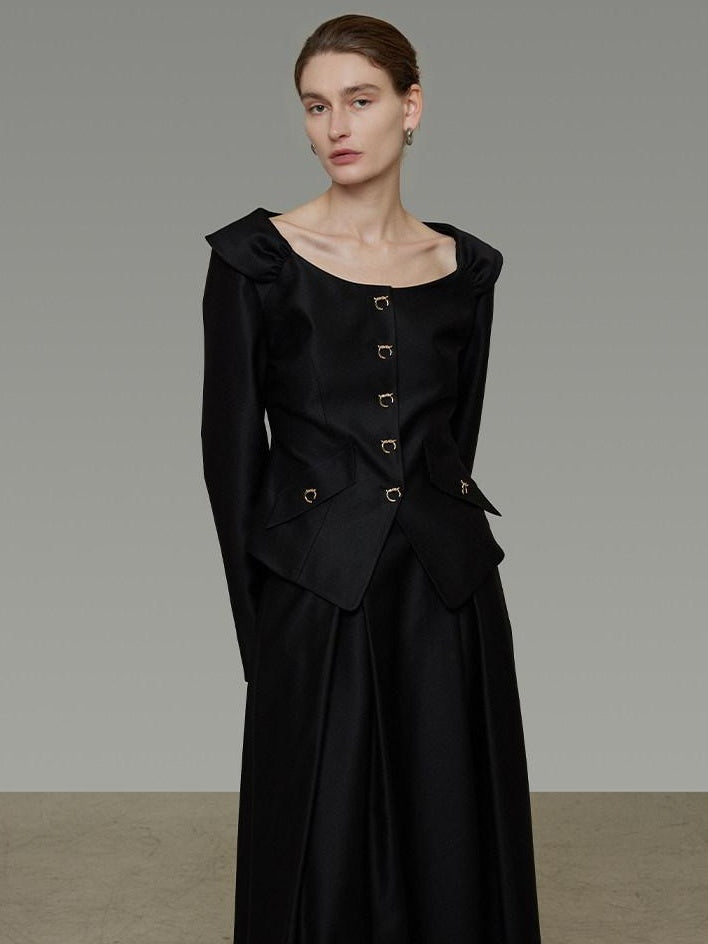 unspoken Slim Long Sleeve Square Neck Button Crop Top High Waist Black Top & Skirt Sets