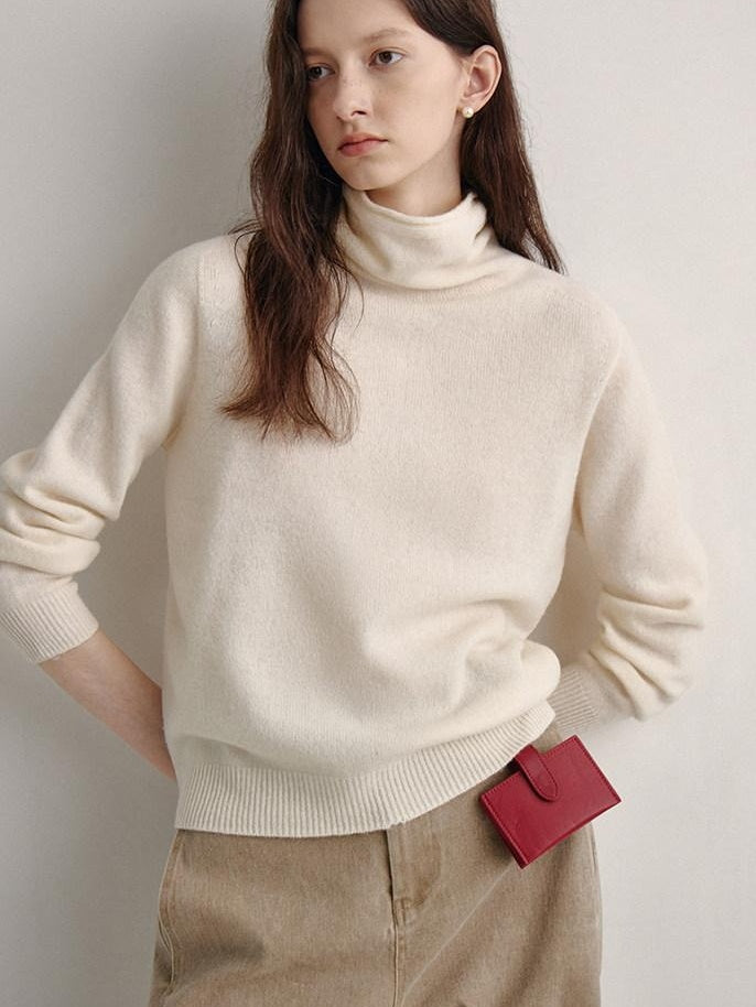 fano 100 Percent Wool High Neck Straight Minimalist Commuter Women Pullover Sweaters