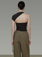 unspoken Soft Lyocell Asymmetric Neck Fitted Stone Green Off Shoulder Crop Tops