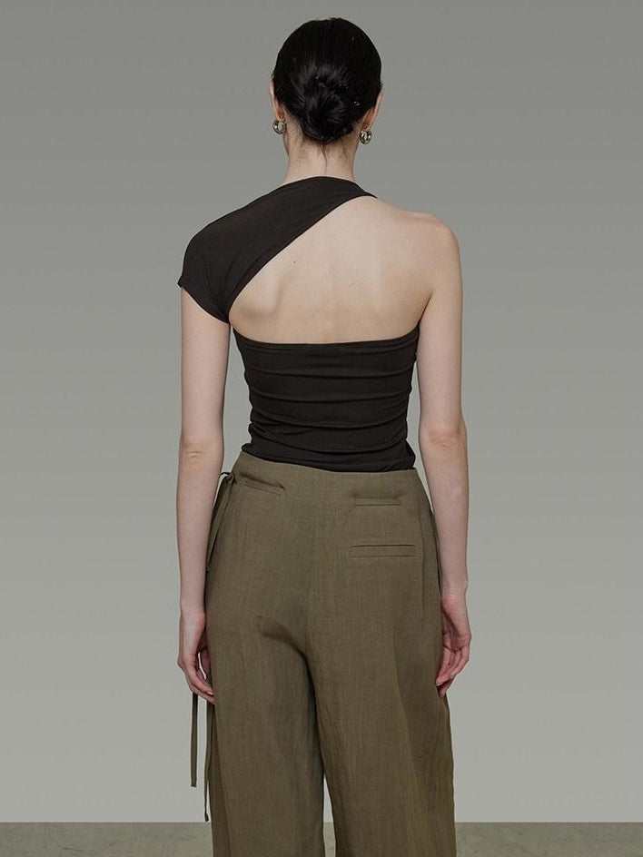 unspoken Soft Lyocell Asymmetric Neck Fitted Stone Green Off Shoulder Crop Tops