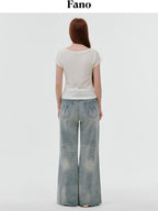 fano Comfortable Relaxed Natural Waist Zipper Fly Light Blue Straight Leg Jeans