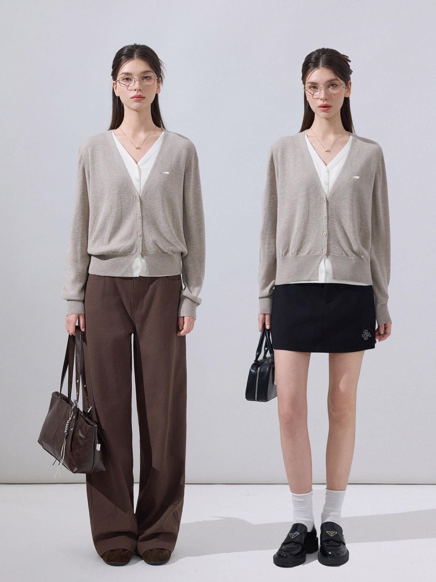 ikyou Soft Wool Blend Preppy V-neck Layered Women Khaki Knit Long Sleeve Cardigans