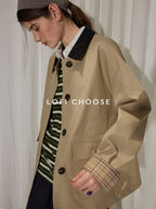 Lofi choose Cotton Blend Loose Fit Commuter Short Single Breasted Khaki Black Trench Coats