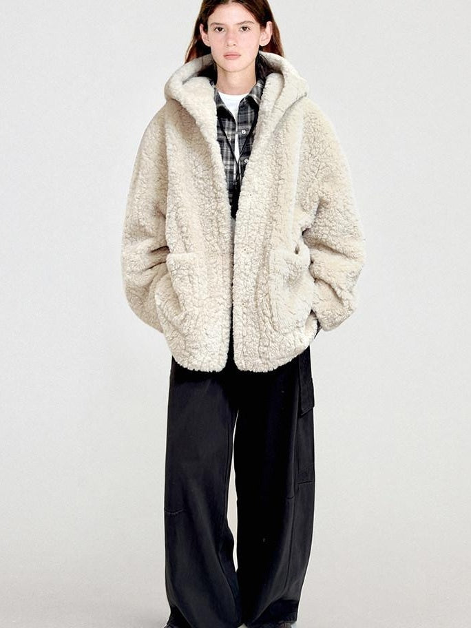 fano Warm Hooded Zip Closure Oversized Casual Boxy Fit Young Women Beige Short Coat
