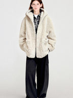 fano Warm Hooded Zip Closure Oversized Casual Boxy Fit Young Women Beige Short Coat