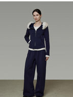 unspoken Warm Slim Fit Zip Hooded Cardigan High Waist Commuter Polyester Navy Lounge Sets