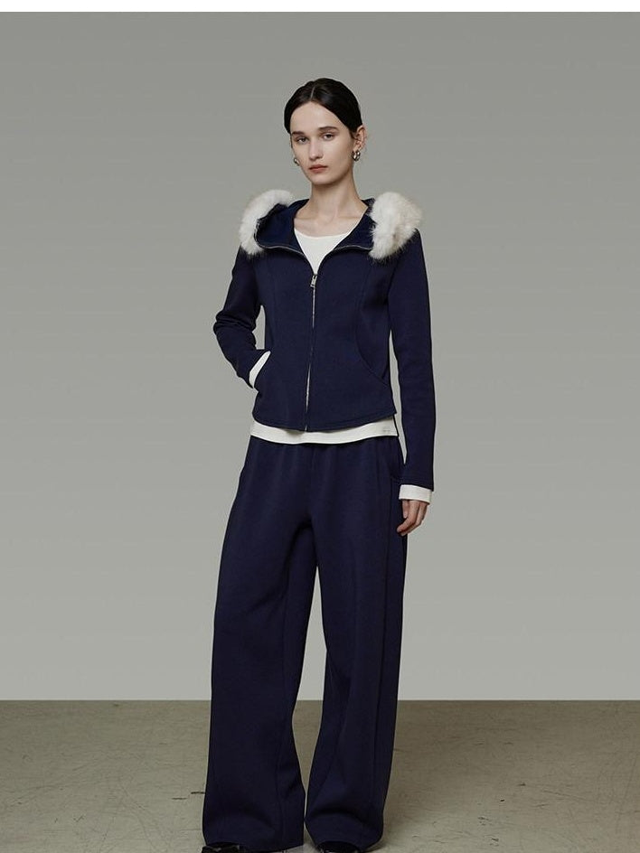 unspoken Warm Slim Fit Zip Hooded Cardigan High Waist Commuter Polyester Navy Lounge Sets