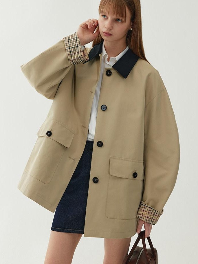 fano Patchwork Plaid Oversized Street Mid Length Cotton Blend Women Trench Coats