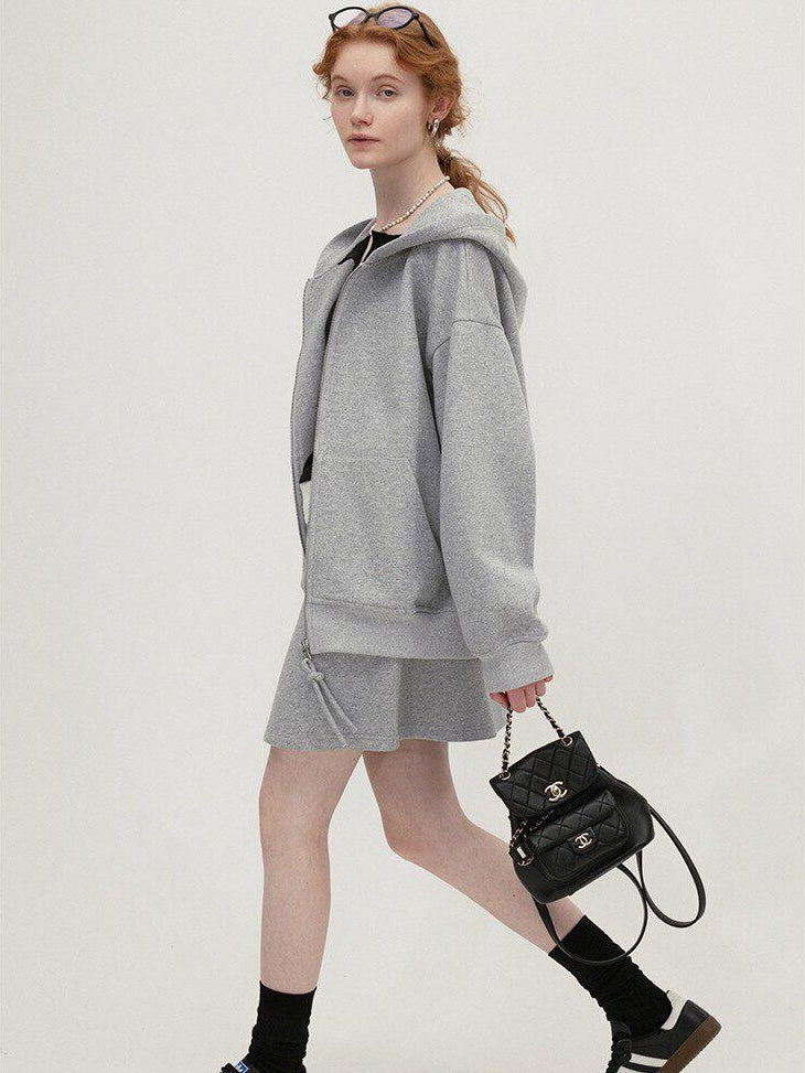 fano Hooded Zip Cotton Blend Loose Fit Minimalist Commuter Gray Top & Skirt Sets