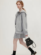 fano Hooded Zip Cotton Blend Loose Fit Minimalist Commuter Gray Top & Skirt Sets