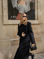 audreyyang 100% Sheep Wool Double Breasted Midlength Straight Women Black Wool Coats