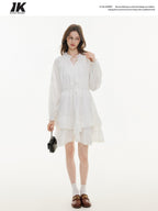 ikyou Non Fading V-neck Drawstring High Waist A Line Casual White Midi Dresses