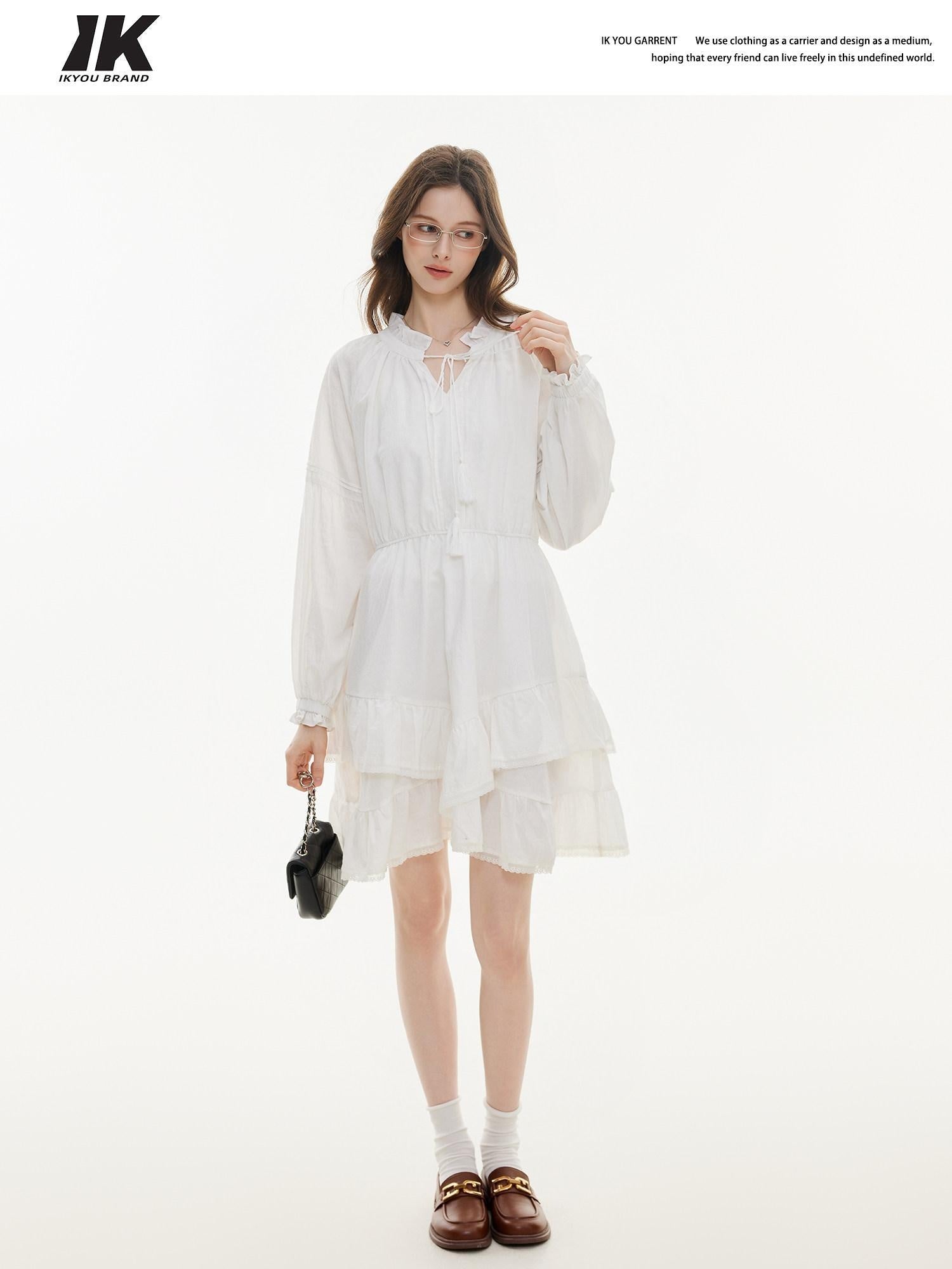 ikyou Non Fading V-neck Drawstring High Waist A Line Casual White Midi Dresses