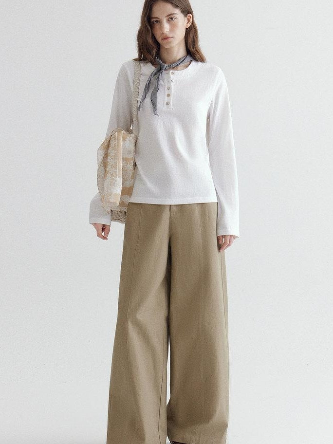 fano Soft Cotton Blend Round Neck Minimal Commuter Women White Long Sleeve T-Shirts