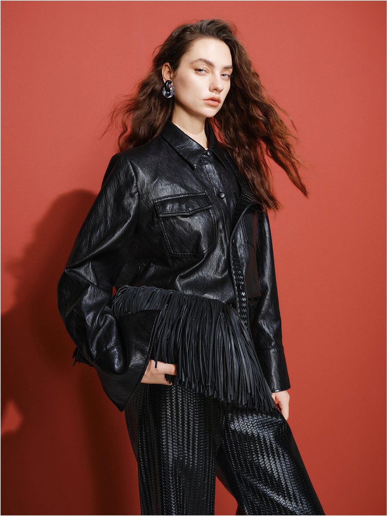 audreyyang Premium Pu Leather Lapel Long Sleeve Tailored Womens Black Wine Leather Jackets