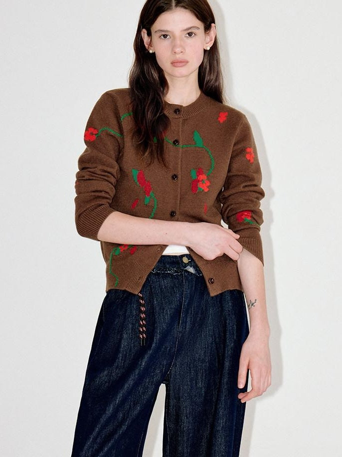 fano Soft Acrylic Blend Oversized Round Neck Single Row Button Women Brown Cardigans