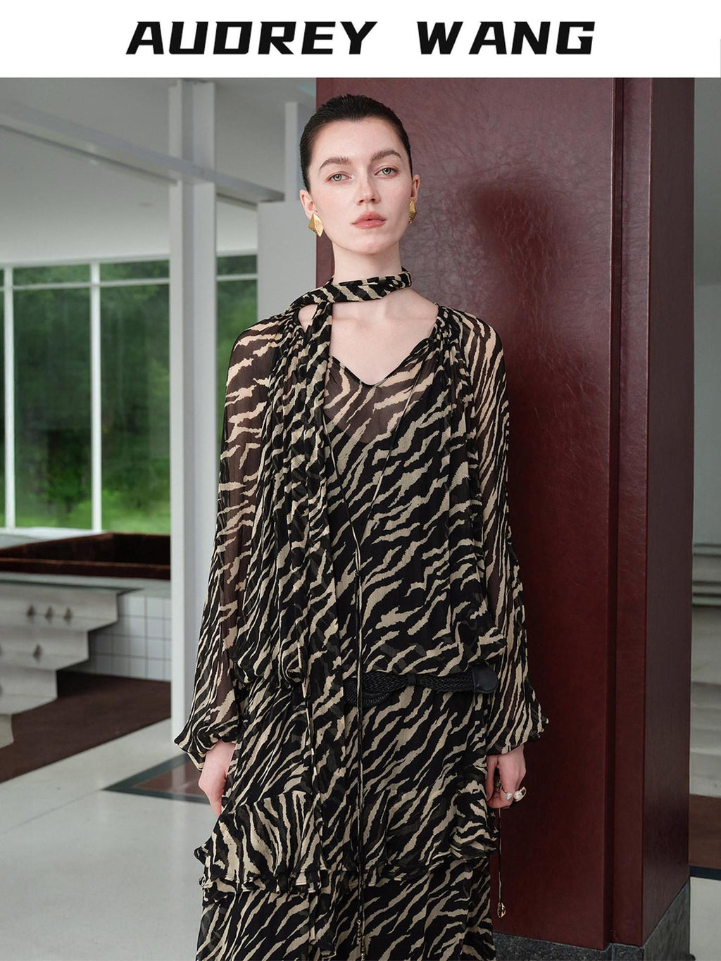 audreyyang Soft Viscose Ruffle Casual A Line Zebra V-neck Long Sleeve Maxi Dresses