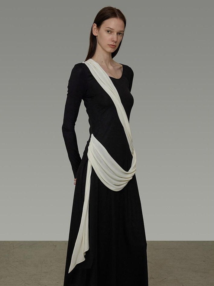 unspoken Slimming High Waist A Line Knit Long Sleeve Workwear Black Women Maxi Dresses
