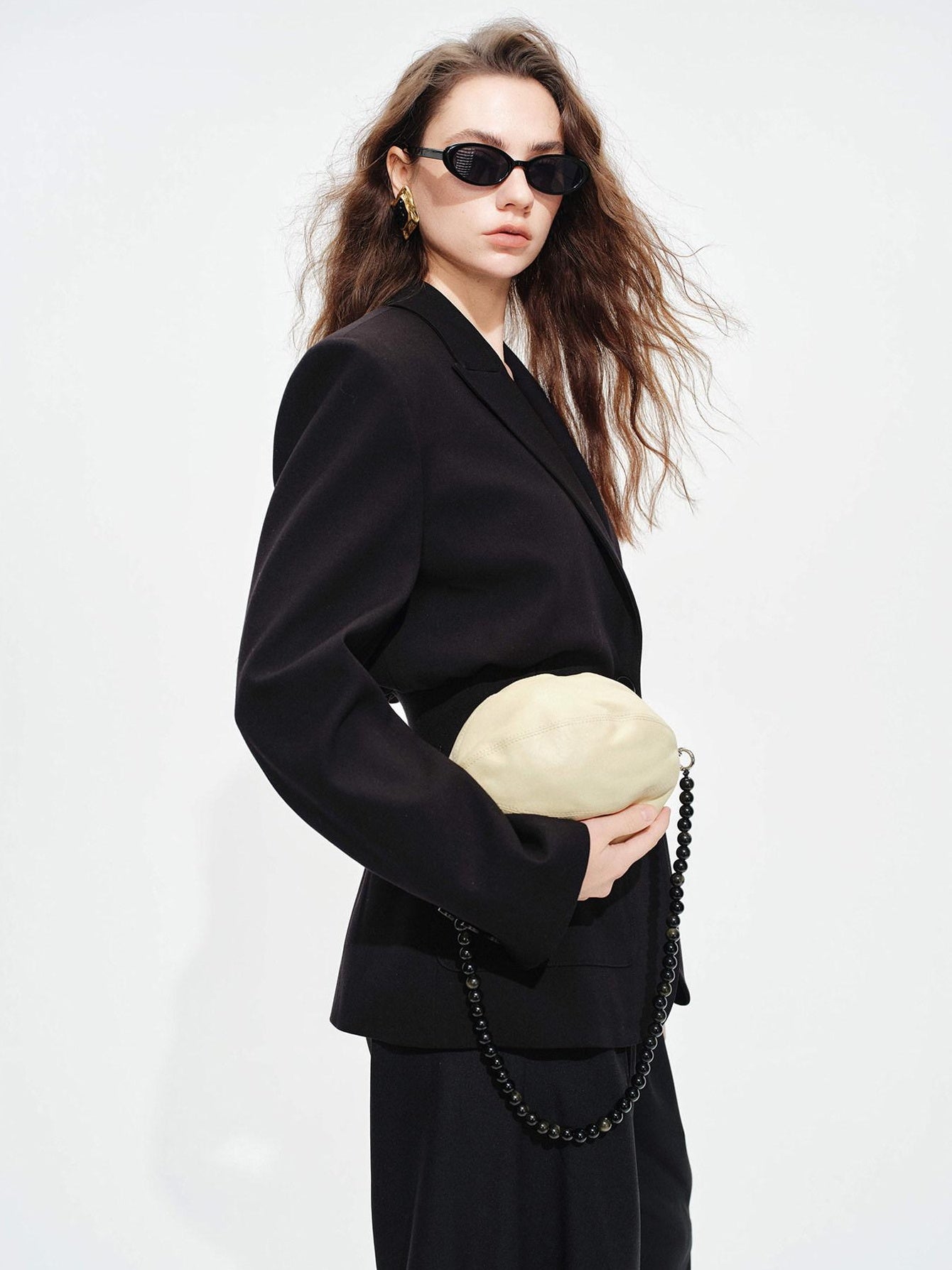 audreyyang Oversized Cinched Waist Short Notch Lapel One Button Black Polyester Blazers