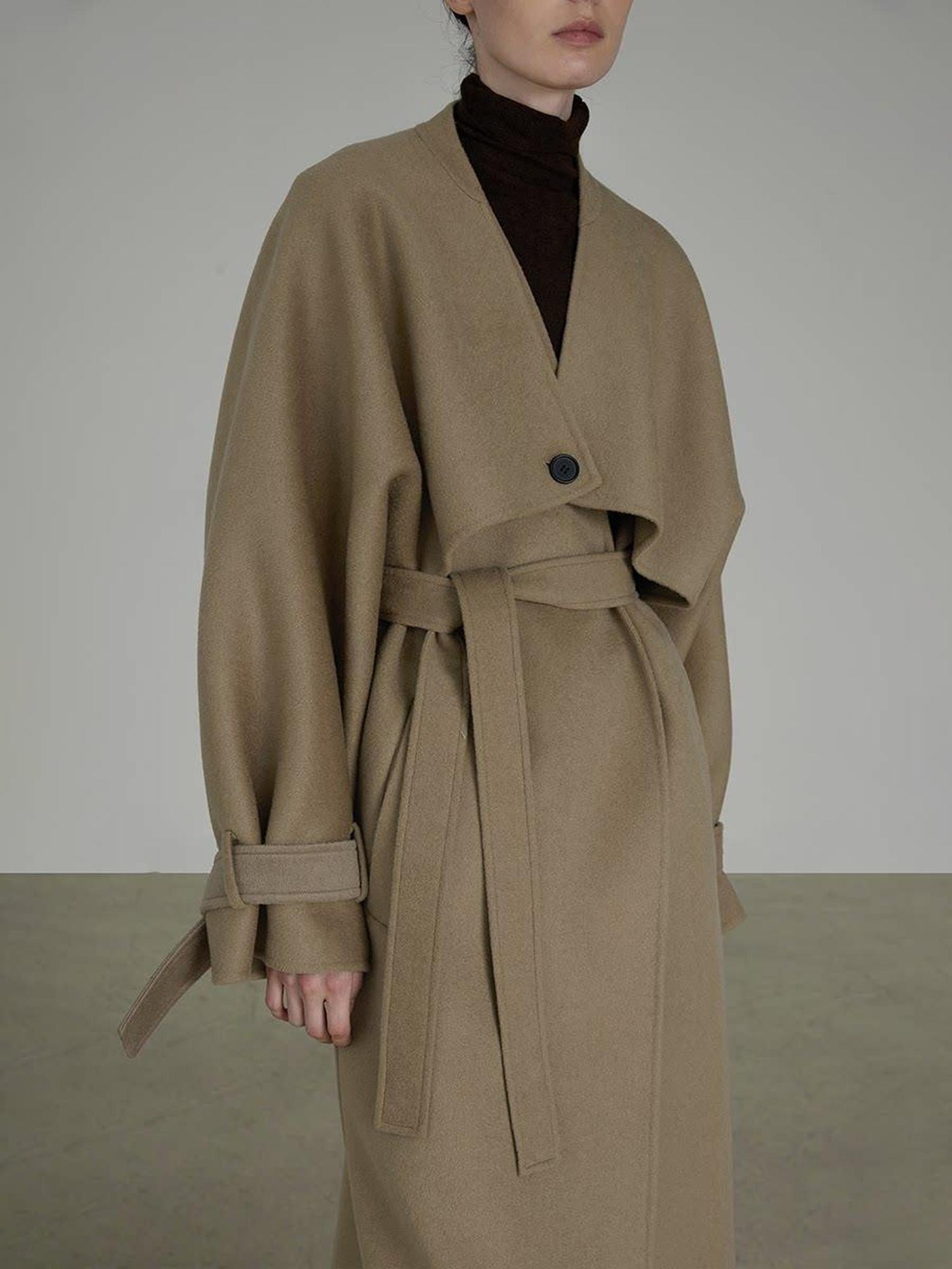 unspoken Pure Sheep Wool Long V-neck Straight Cut With Pockets Commuter Wool Coats
