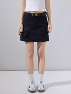 ikyou Breathable Lined High Waisted A Line Pockets Front Zip Black Cotton Mini Skirts