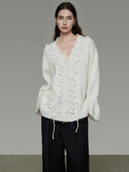 unspoken Breathable V-neck Drawstring Loose Casual Pullover Women Commuter Sweaters