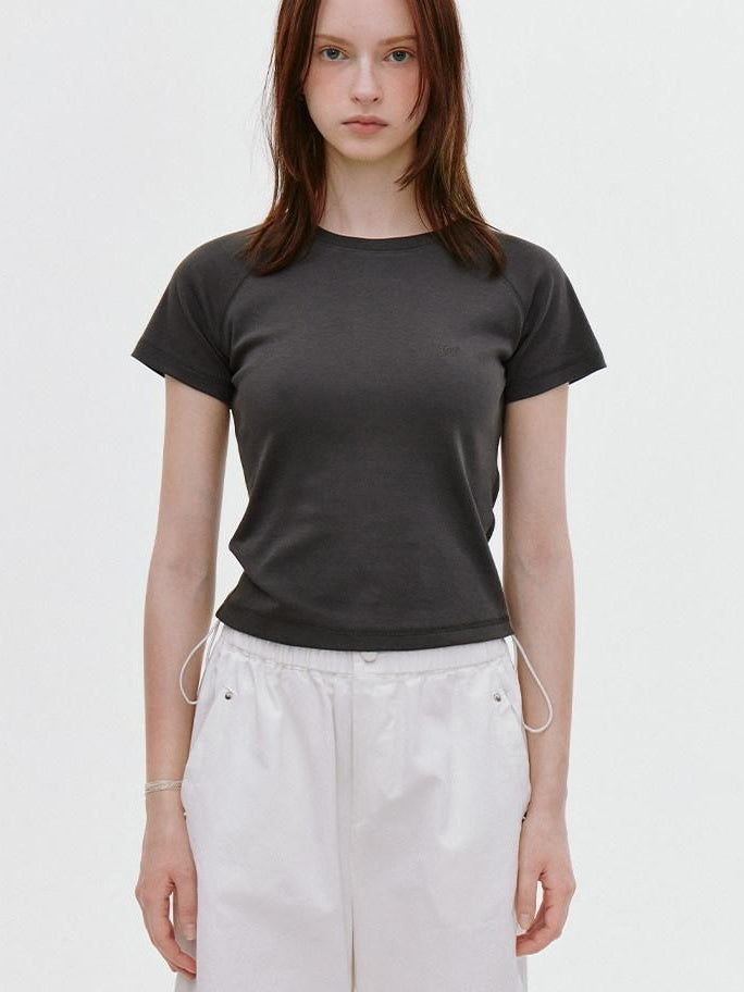 fano Soft Cotton Stretch Korean Slim Fit Short Sleeve Deep Gray Basic Crop Tops