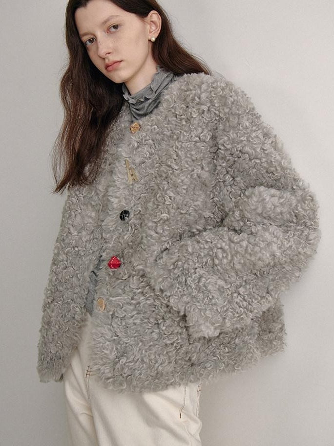 fano Faux Fur Straight Cut Minimal Workwear Women Gray Khaki Short Coat