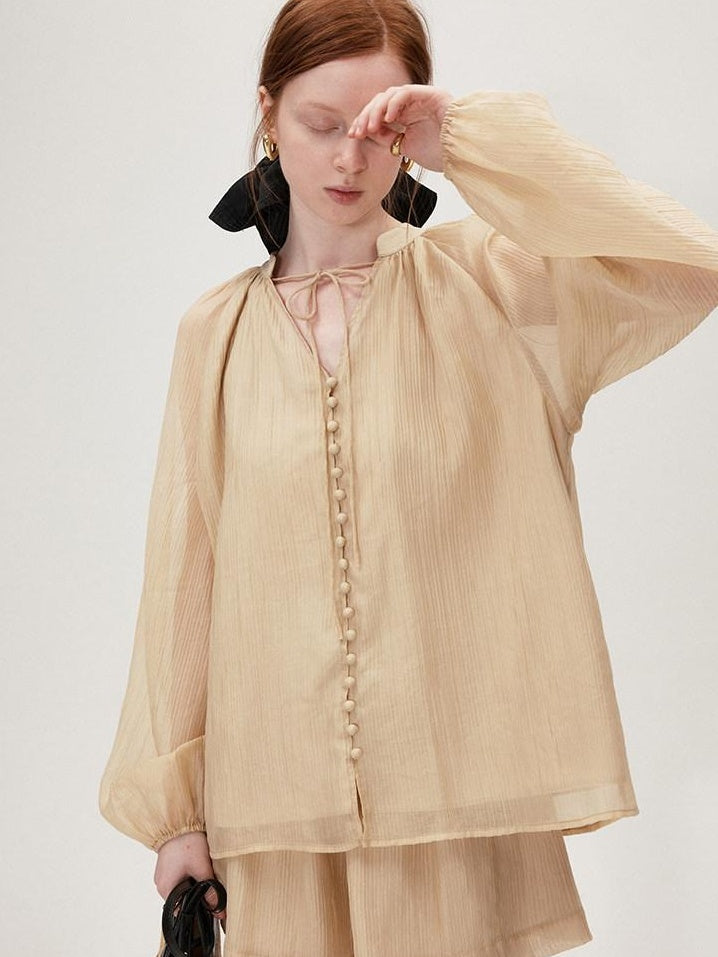 fano Soft Tencel V-neck Long Sleeve Pullover Casual Two Piece Women Blouses