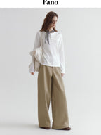 fano Soft Cotton Blend Round Neck Minimal Commuter Women White Long Sleeve T-Shirts
