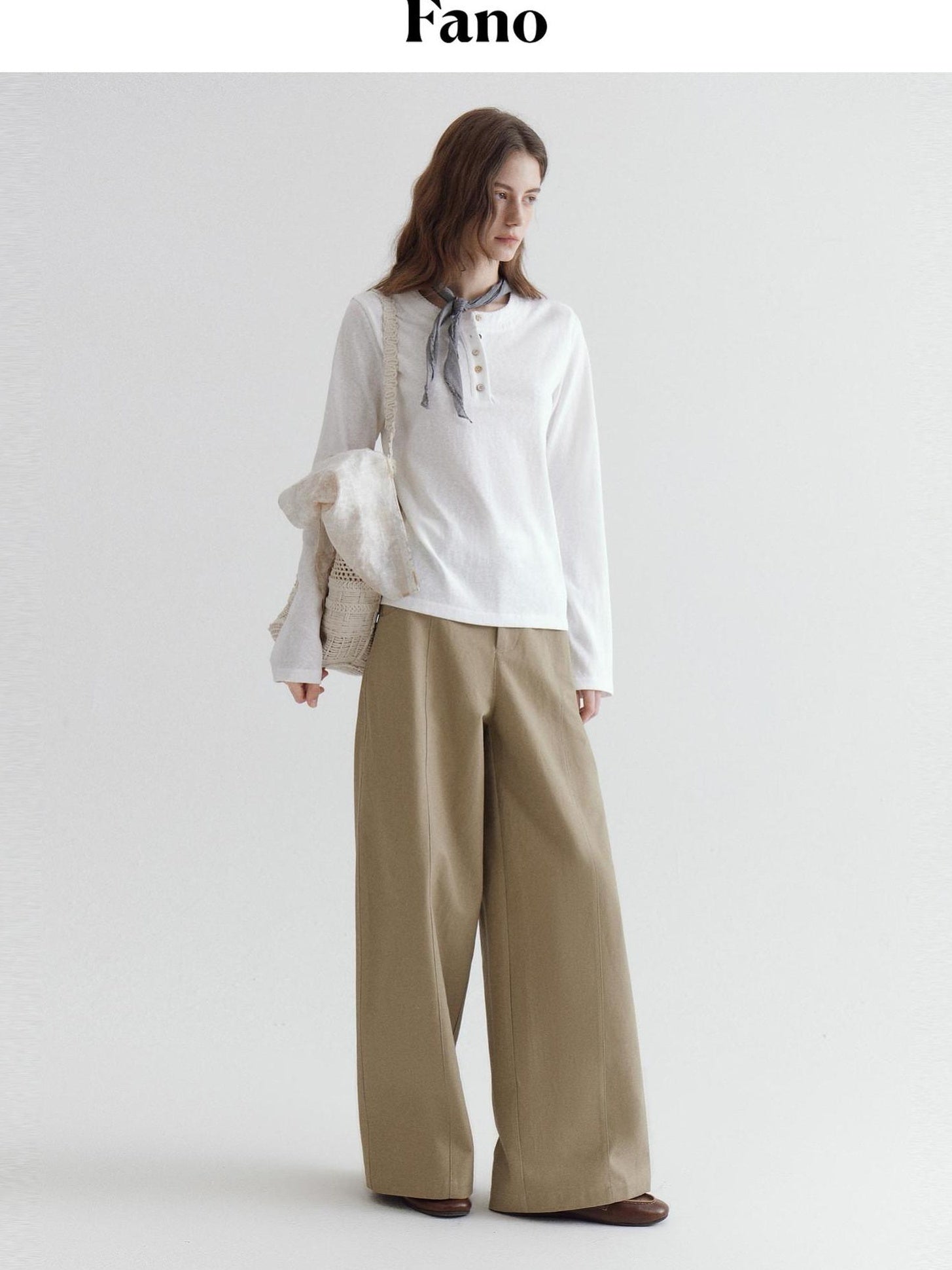 fano Soft Cotton Blend Round Neck Minimal Commuter Women White Long Sleeve T-Shirts