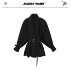 audreyyang Tie Front Vintage Oversized Batwing Sleeve Women Polyester Cropped Jackets