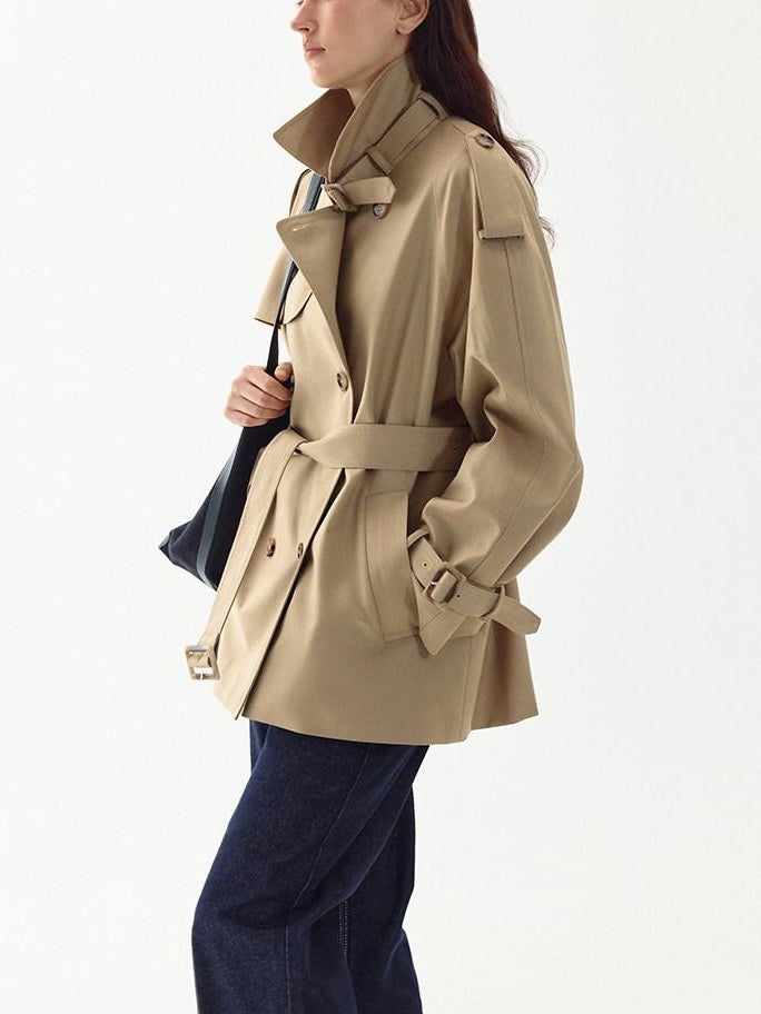 fano Double Breasted Short Loose Fit Commuter For Women Khaki Pink Beige Trench Coats