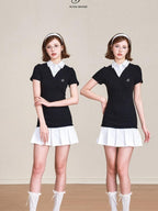 ikyou 100 Percent Cotton Waist Cinch Patchwork Collared Short Sleeve Midi Dresses