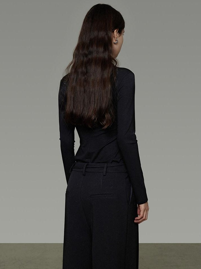 unspoken Breathable Lyocell Lace Slim Fit V-neck Long Sleeve Women Black Blouses