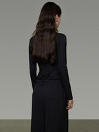 unspoken Breathable Lyocell Lace Slim Fit V-neck Long Sleeve Women Black Blouses