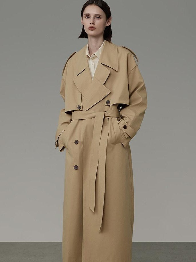 unspoken Pure Cotton Double Breasted Long Straight Minimal Women Khaki Trench Coats
