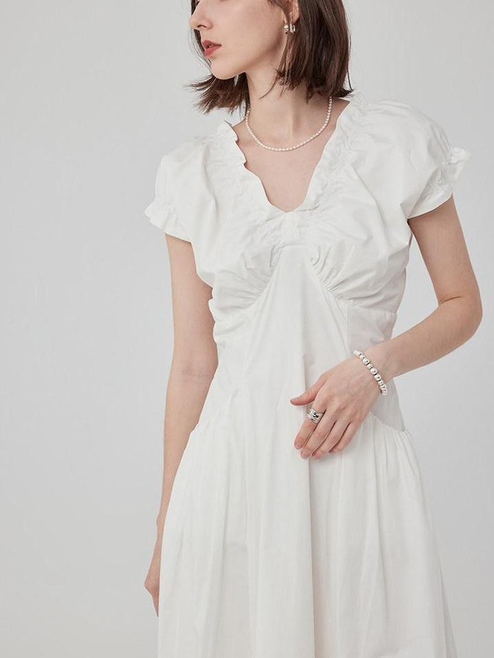 fano Pleated High Waist A Line V-neck Flutter Sleeves 100% Cotton Casual Maxi Dresses