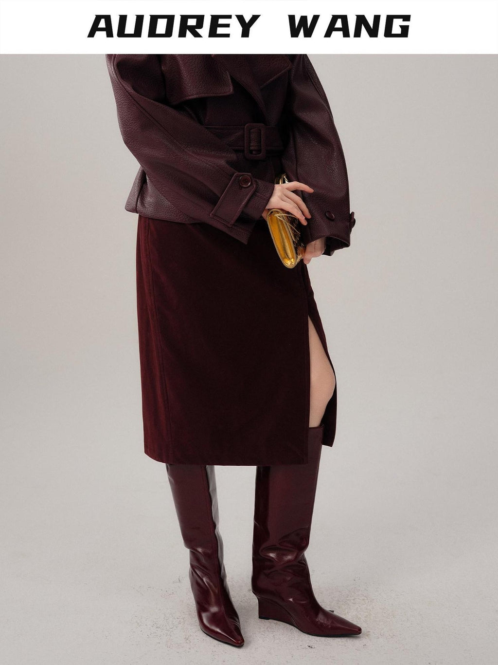audreyyang Silky Polyester Blend Back Slit Slim Pencil Mid Rise Women Black Midi Skirts