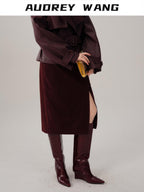 audreyyang Silky Polyester Blend Back Slit Slim Pencil Mid Rise Women Black Midi Skirts