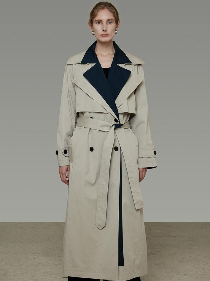 unspoken Minimalist Double Breasted Long Straight Workwear Beige Navy Trench Coats