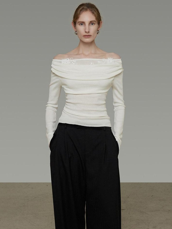 unspoken Soft Breathable Knit One Shoulder Slim Fit Office White Long Sleeve Blouses