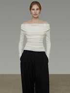 unspoken Soft Breathable Knit One Shoulder Slim Fit Office White Long Sleeve Blouses
