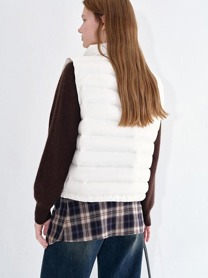 fano 90% White Duck Down Sleeveless Straight Stand Collar Zipper Beige Down Jackets